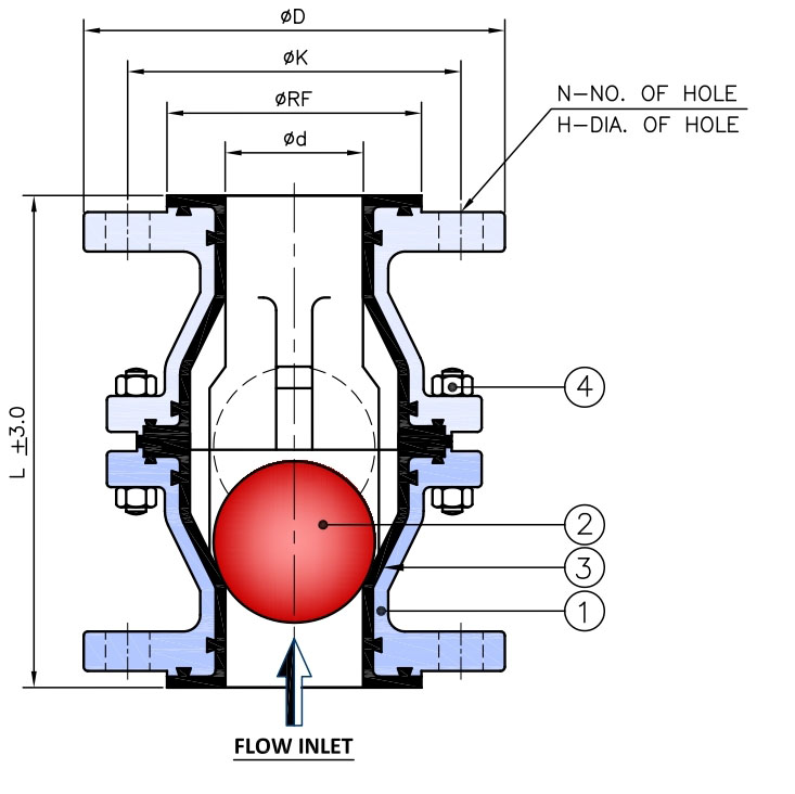 Line Diagram of PTFE Lined Ball Type Check Valve